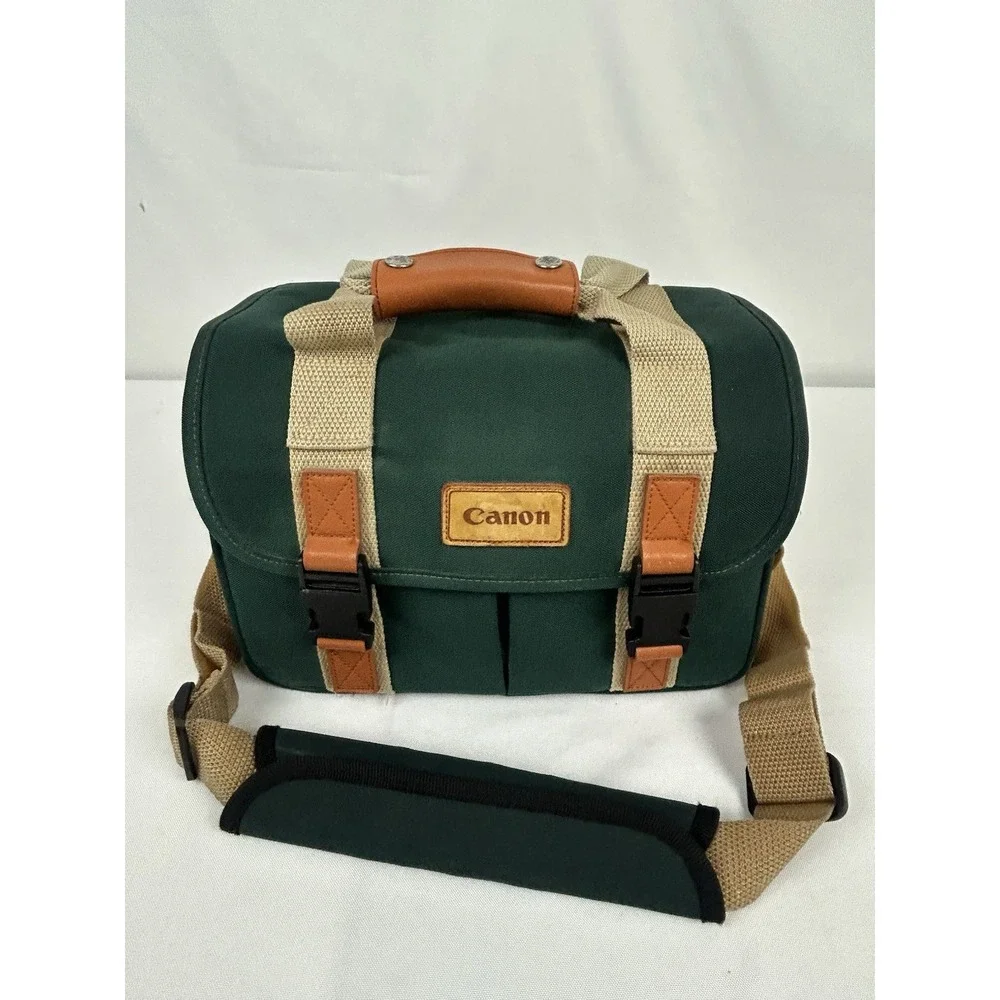 Vintage Canon Camera Bag Green Canvas Leather Trim Strap 12 x 9 x 7 Padded Case